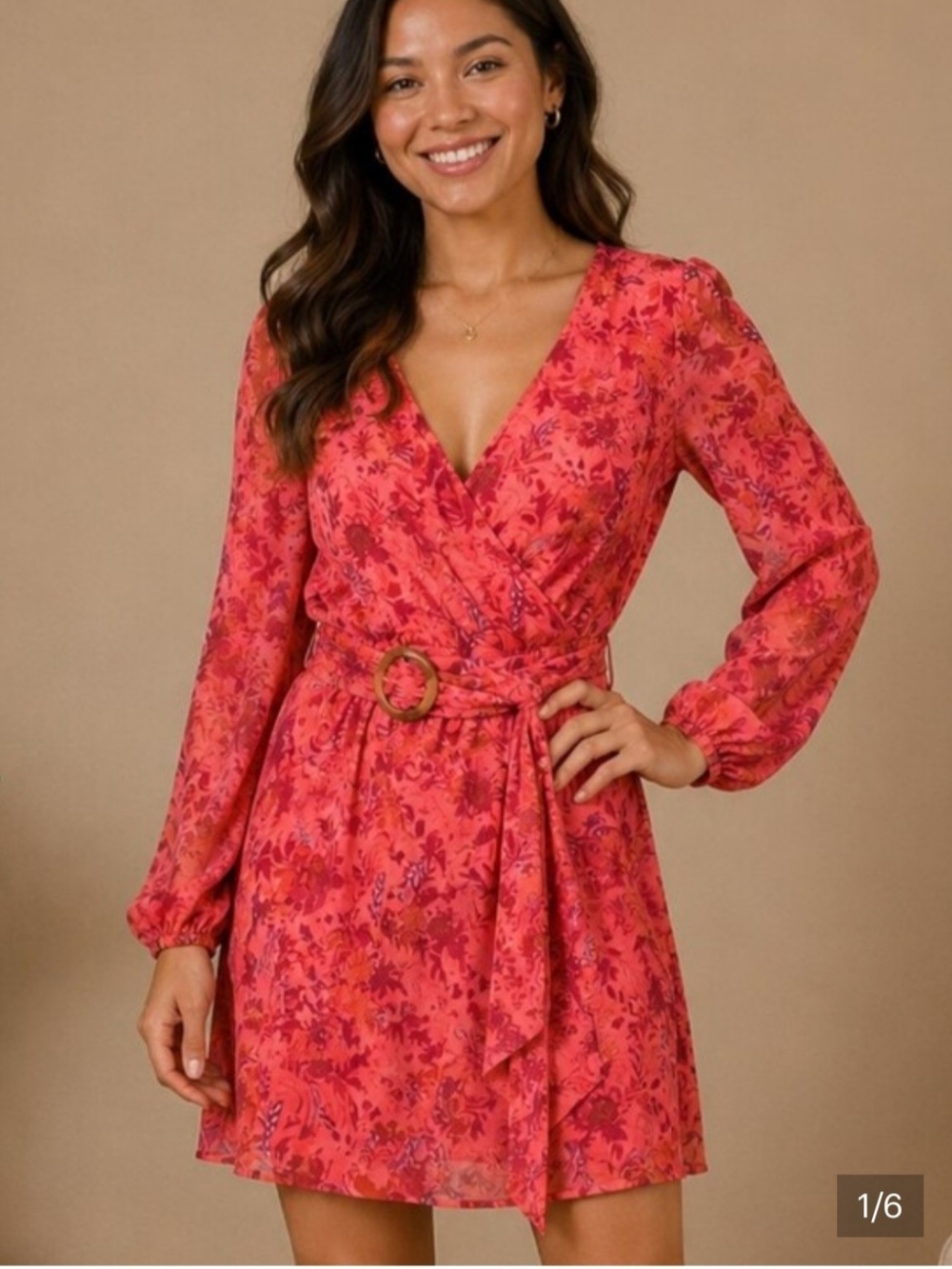 By Giuliana XL Coral Floral Faux Wrap Belted Long Sleeve Mini Dress